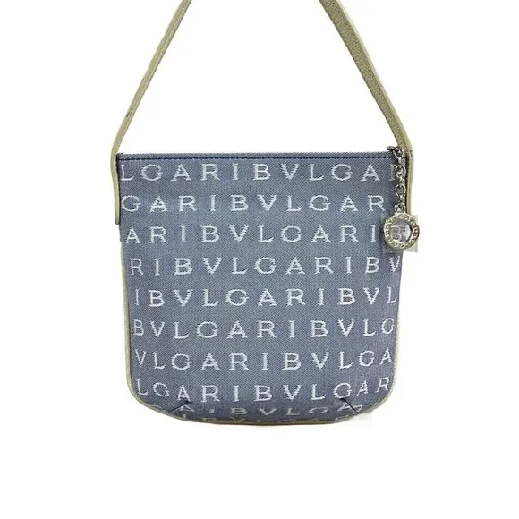 BVLGARI Logo Mania Light Blue Cream Jacquard Leather Shoulder Bag